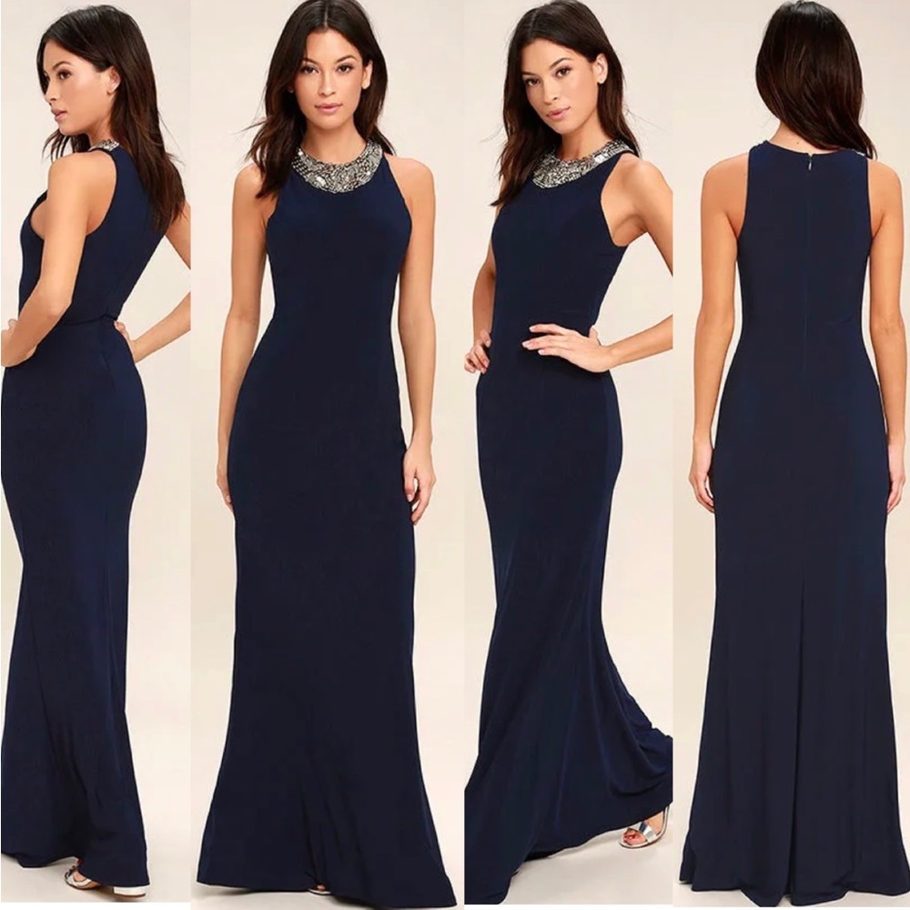 Lulu's Navy Beaded-Neckline Evening Gown - Picture 16 of 16